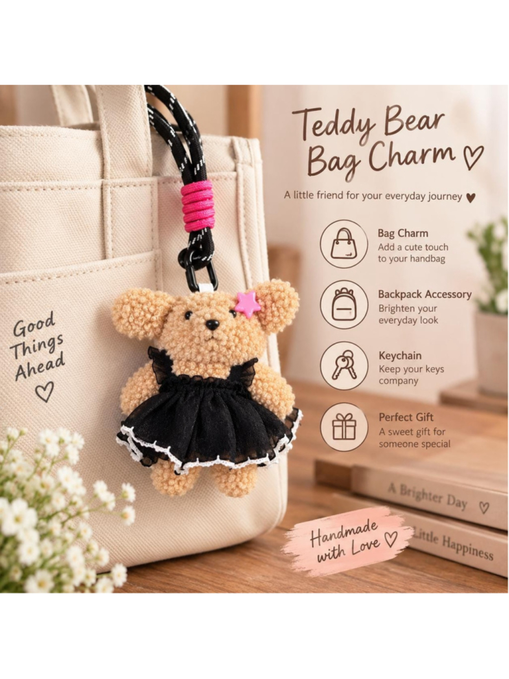 Starry Dress Bear – Handmade Teddy Bear Keychain & Bag Charm